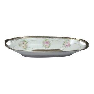 VTg Bavaria Handpainted Porcelain Bread Tray Celery Dish Pink Roses Gold‎ Trim